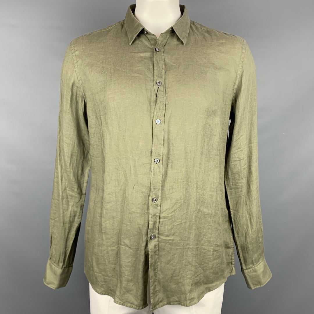 JOHN VARVATOS Size L Olive Linen Oversized Long Sleeve Shirt
