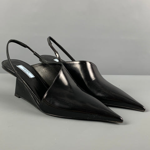 Zapatos de cuña con tira trasera de cuero negro PRADA talla 7.5