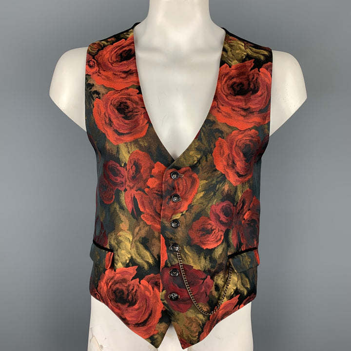 LORDS & FOOLS Size 44 Red & Gold Floral Polyester Buttoned Vest