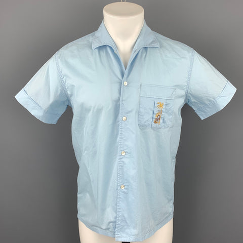 RWCHE Size M Light Blue Cotton Button Up Short Sleeve Shirt
