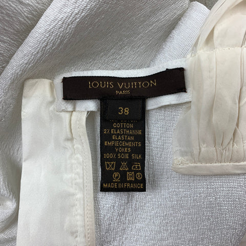 LOUIS VUITTON Size 6 White & Beige Ruched Bust Ruffled Belt Cocktail Dress