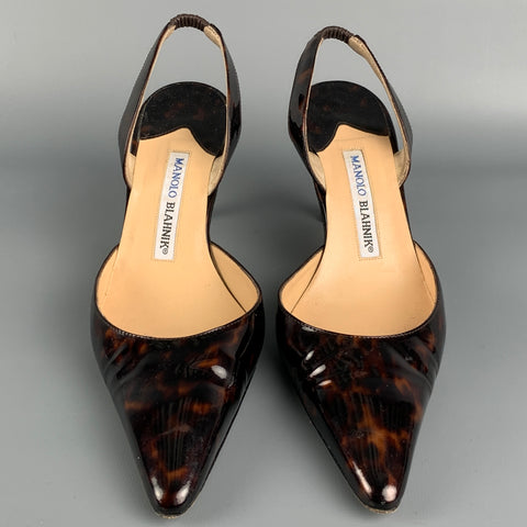 MANOLO BLAHNIK Size 7.5 Tortoiseshell Patent Leather Slingback Pumps