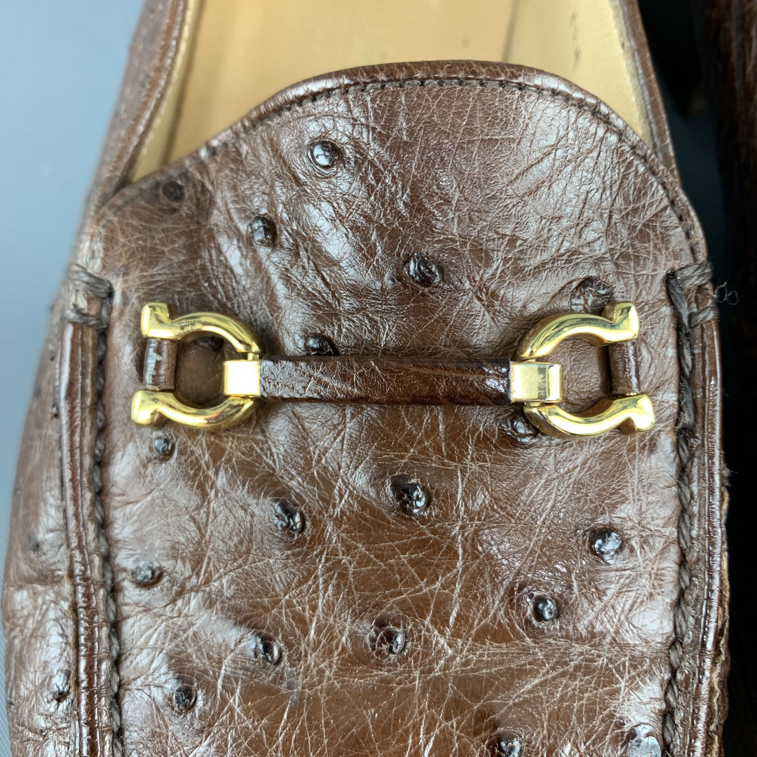 GRAVATI Size 7.5 Brown Ostrich Leather Horsebit Loafers