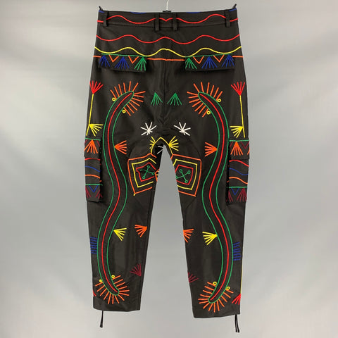 PRABAL GURUNG Size 32 Multi-Color Thread Embroidery Cotton & Polyester Black Cargo Cropped Pants
