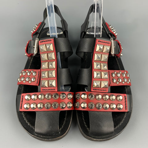 PRADA S/S 18 Size 8 Black & Burgundy Studded Leather Gladiator Sandals