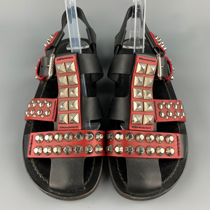 PRADA S/S 18 Size 8 Black & Burgundy Studded Leather Gladiator Sandals