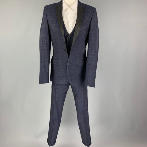 LORDS & FOOLS Size 36 Navy Black Textured Wool Blend Peak Lapel Tuxedo Suit