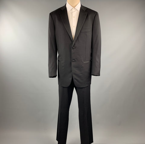 ISAIA 44 Black Solid Lana Wool 38 x 34 Notch Lapel Tuxedo