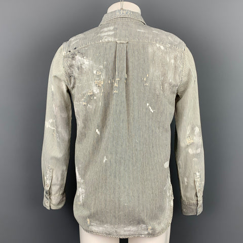 NSF Size S Indigo Stripe Distressed Paint Splash Cotton Button Up Long Sleeve Shirt