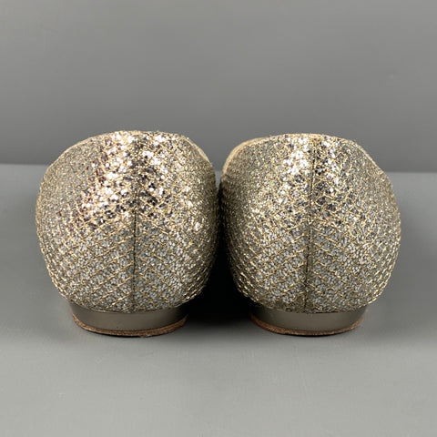 JIMMY CHOO Beck Size 7.5 Champagne Canvas Metallic Peep Toe Flats
