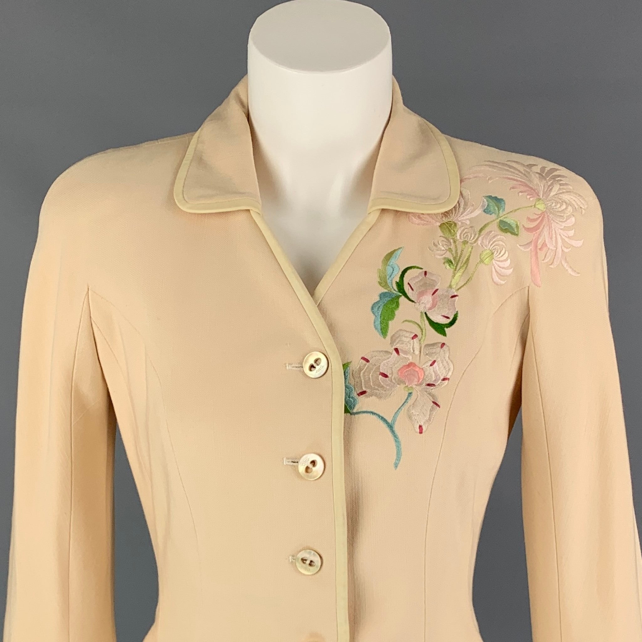 Vintage CHRISTIAN DIOR Size 6 Beige Silk Embroidered Jacket