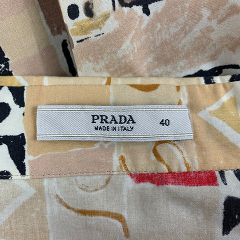 PRADA Size 4 Beige Brown Red Water Color Print Cotton Blouse