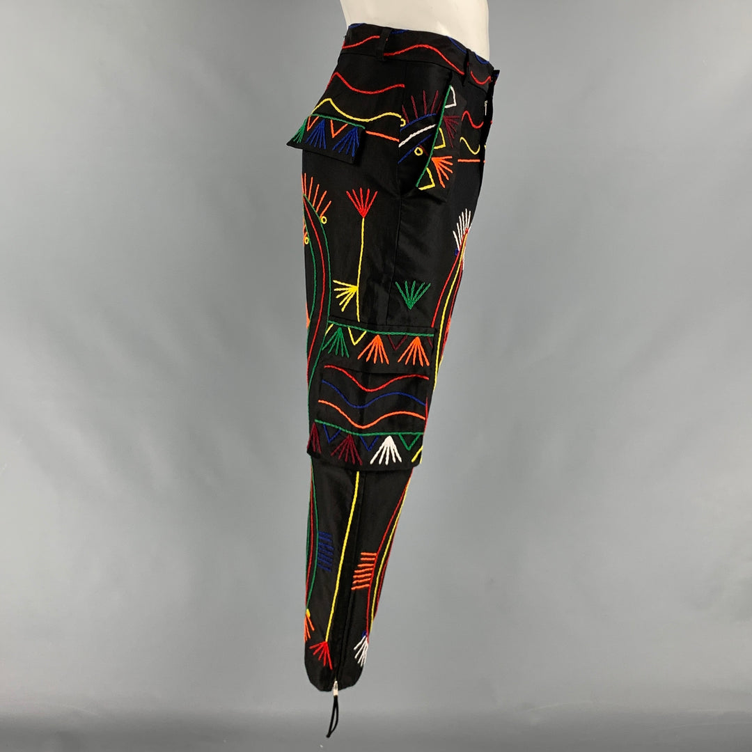 PRABAL GURUNG Size 34 Black Multi-Color Embroidery Cropped Casual Pants