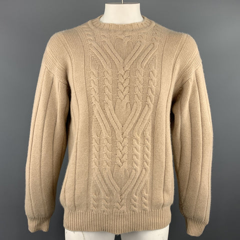 MANRICO Size L Tan Cable  Cashmere Crew-Neck Sweater