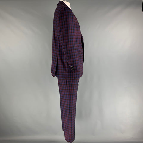 ETRO Chest Size 48 Navy Red Checkered Wool Single Breasted 37 31 Suit