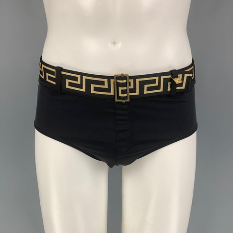 VERSACE Size M Black Gold Polyamide Belted Speedo