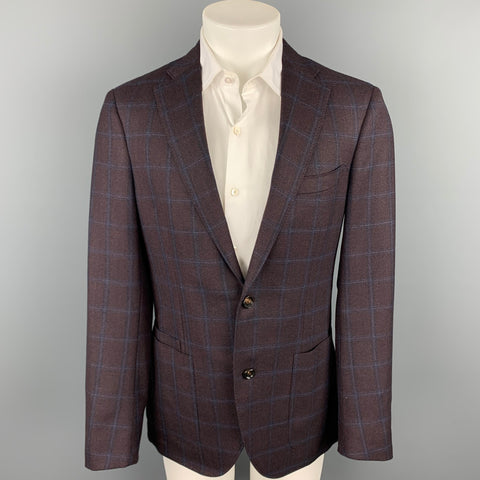 LUCIANO BARBERA Size 40 Brown & Navy Window Pane Wool Custom Sport Coat