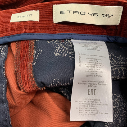 ETRO Size 30 Brick Corduroy Cotton Elastane Dress Pants