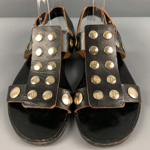 MARNI Size 7 Black Tan Leather Studded Ankle Strap Sandals