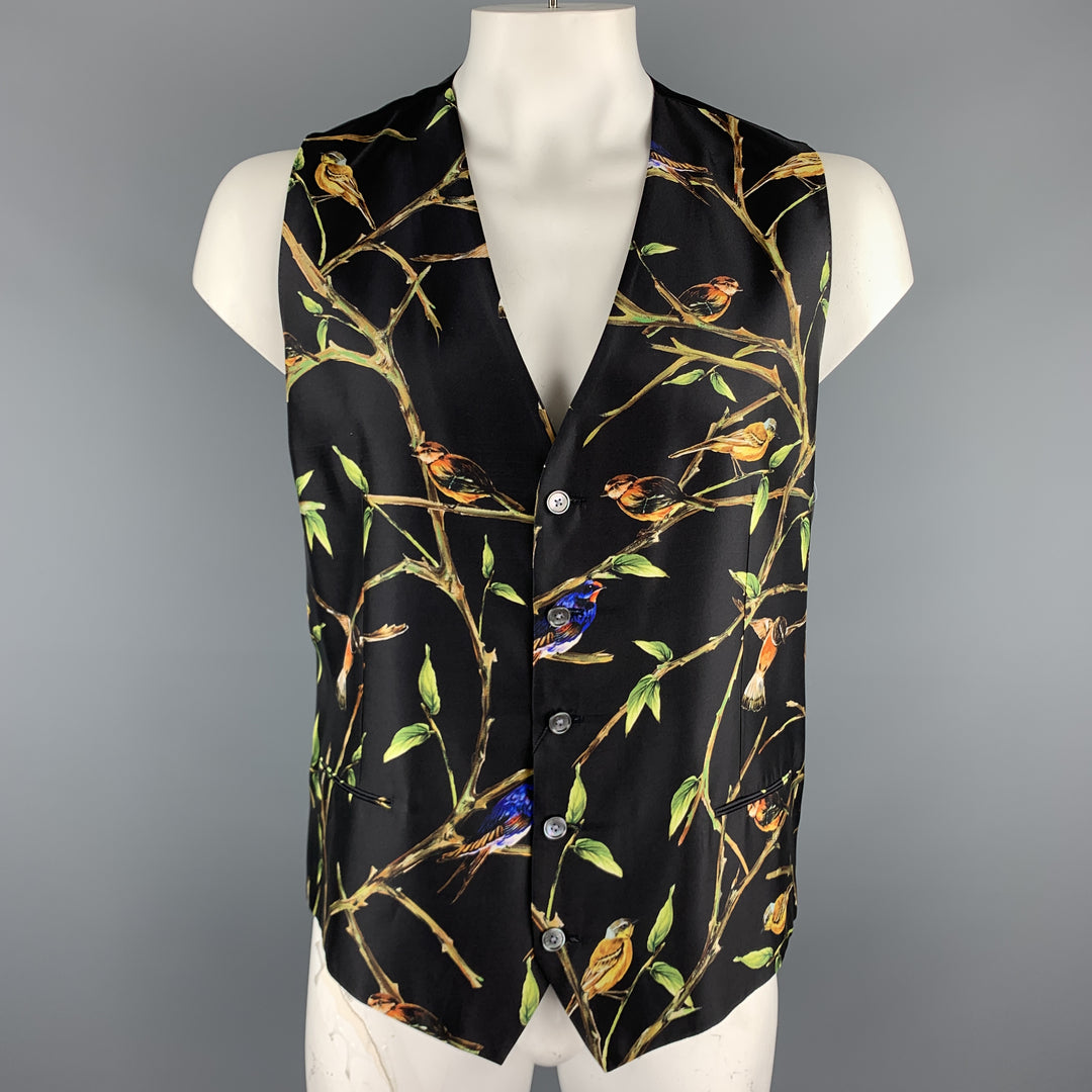 DOLCE & GABBANA Size 46 Black Bird Print Silk Buttoned Vest