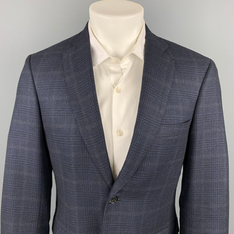 BRIONI Size 39 Navy Plaid Silk / Wool Notch Lapel Custom Sport Coat