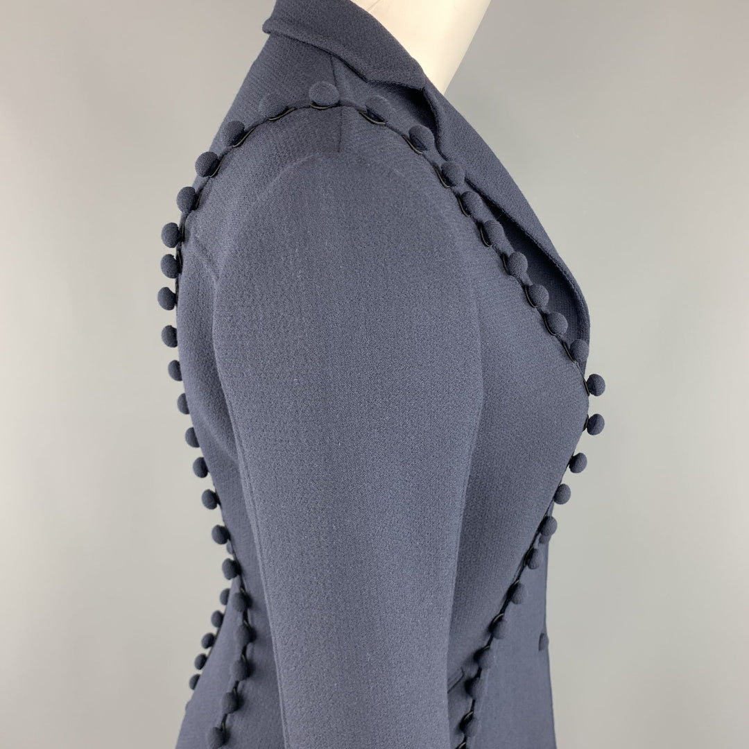 CHADO RALPH RUCCI Size 2 Navy Crepe Wool Button Trim Notch Lapel Jacket