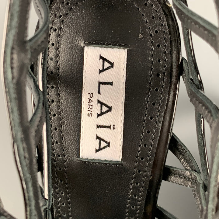 ALAIA Size 7 Black Caged Patent Leather Wedge Sandals