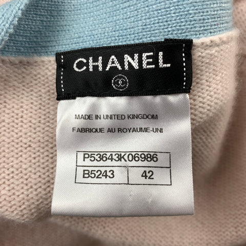 CHANEL Size 10 Pink Knitted Blue Trim Cashmere Cardigan