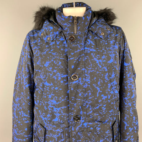 MICHAEL KORS Weather Engineered Size XL Black & Blue Print Polyester Hooded Parka Coat