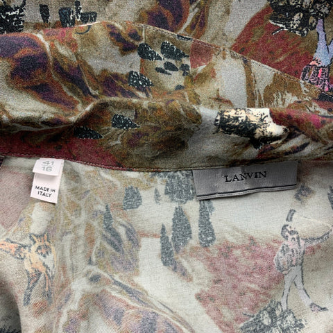 LANVIN Size L Grey & Brown Print Viscose Camp Short Sleeve Shirt