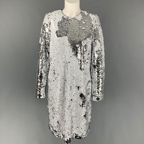 NOTES DU NORD Size S White & Silver Polyester Sequined Long Sleeve Dress