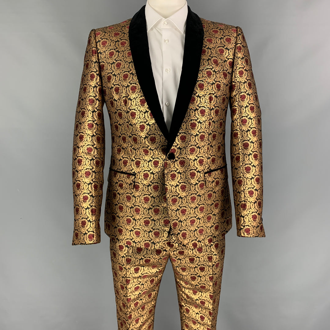 DOLCE & GABBANA Size 42 Gold Black Burgundy Jacquard Polyester / Cotton Notch Lapel Suit