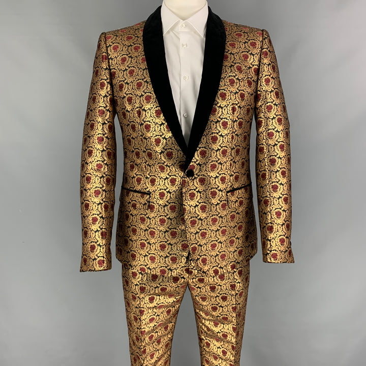 DOLCE & GABBANA Size 42 Gold Black Burgundy Jacquard Polyester / Cotton Notch Lapel Suit