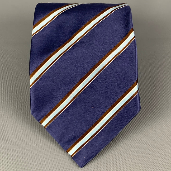 BRIONI Navy Blue Brown Diagonal Stripe Silk Neck Tie