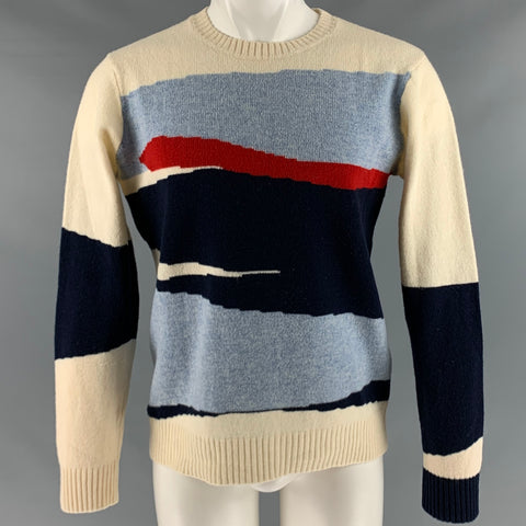 GANT Size M Blue Cream Color Block Wool Crew-Neck Sweater
