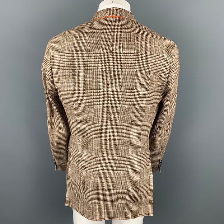 ETRO Talla 40 Abrigo deportivo con solapa de muesca de seda / lino a cuadros marrón y beige