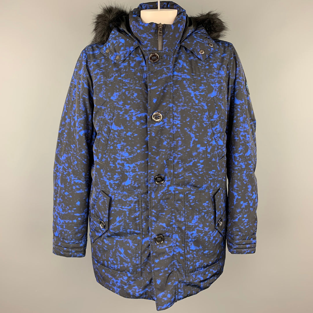 MICHAEL KORS Weather Engineered Size XL Black & Blue Print Polyester Hooded Parka Coat