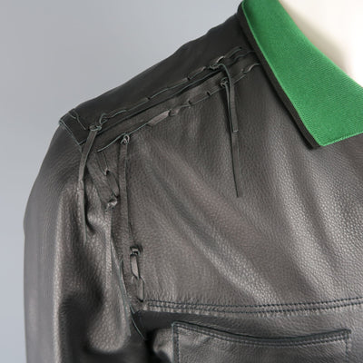 LANVIN US 42 / IT 52 Black Leather Fringe Trim Green Collar Bomber Jacket