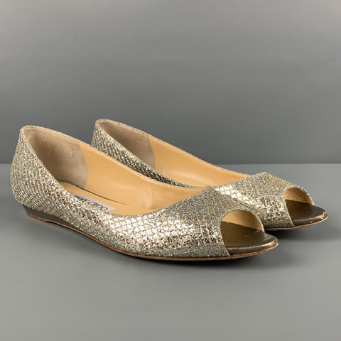 JIMMY CHOO Beck Talla 7.5 Zapatos planos peep toe metálicos de lona champán