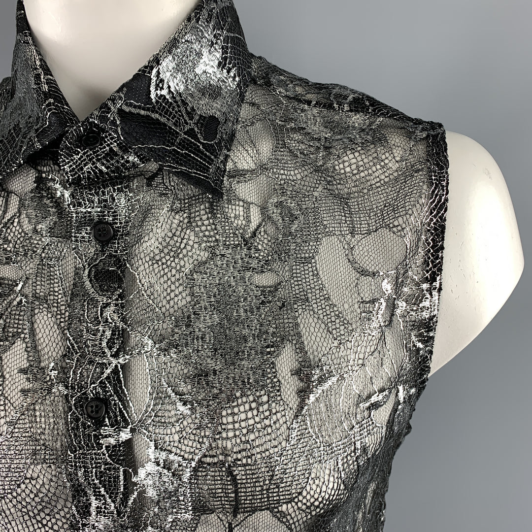 Vintage GIANNI VERSACE Size XXL Silver & Black Lace Silk Blend Button Up Sleeveless