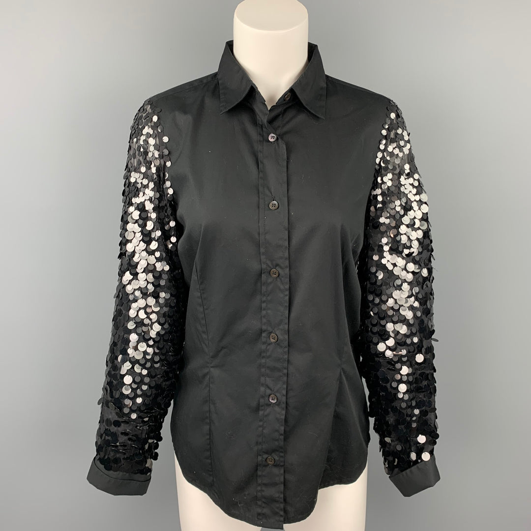 DRIES VAN NOTEN Size 6 Black Cotton / Silk Sequined Sleeves Blouse