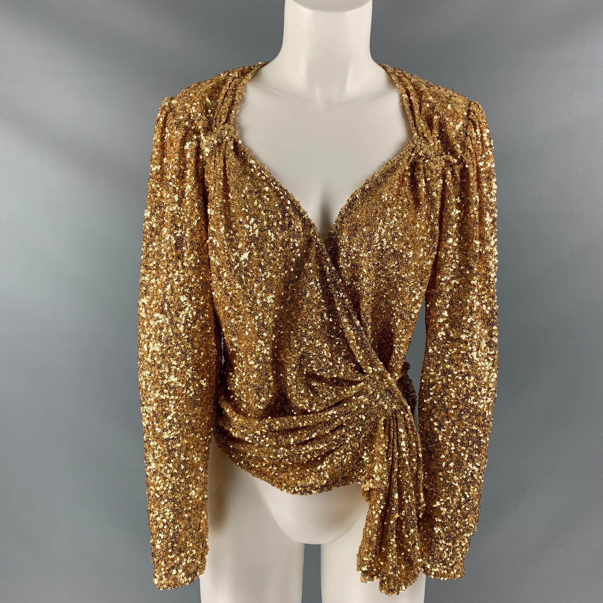 ATTICO Size 8 Gold Polyamide Sequined Wrap Dress Top