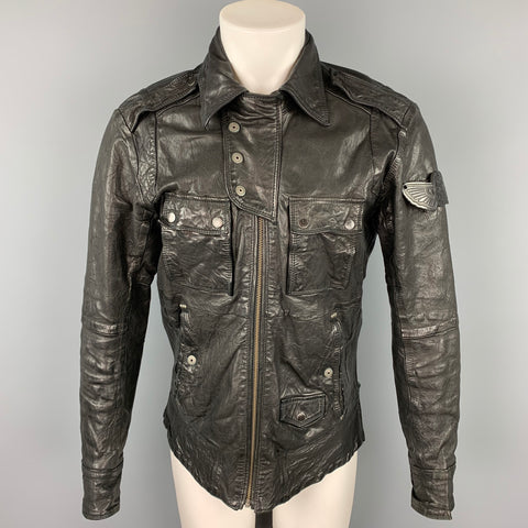 DIESEL Size M Black Wrinkled Leather Zip Up Jacket