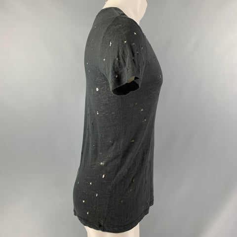 IRO Size S Black Distressed Linen Crew-Neck T-shirt