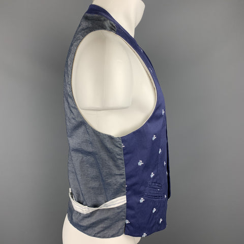 PAOLO PECORA Size 38 Blue Floral Embroidered Cotton Inverted Notch Vest
