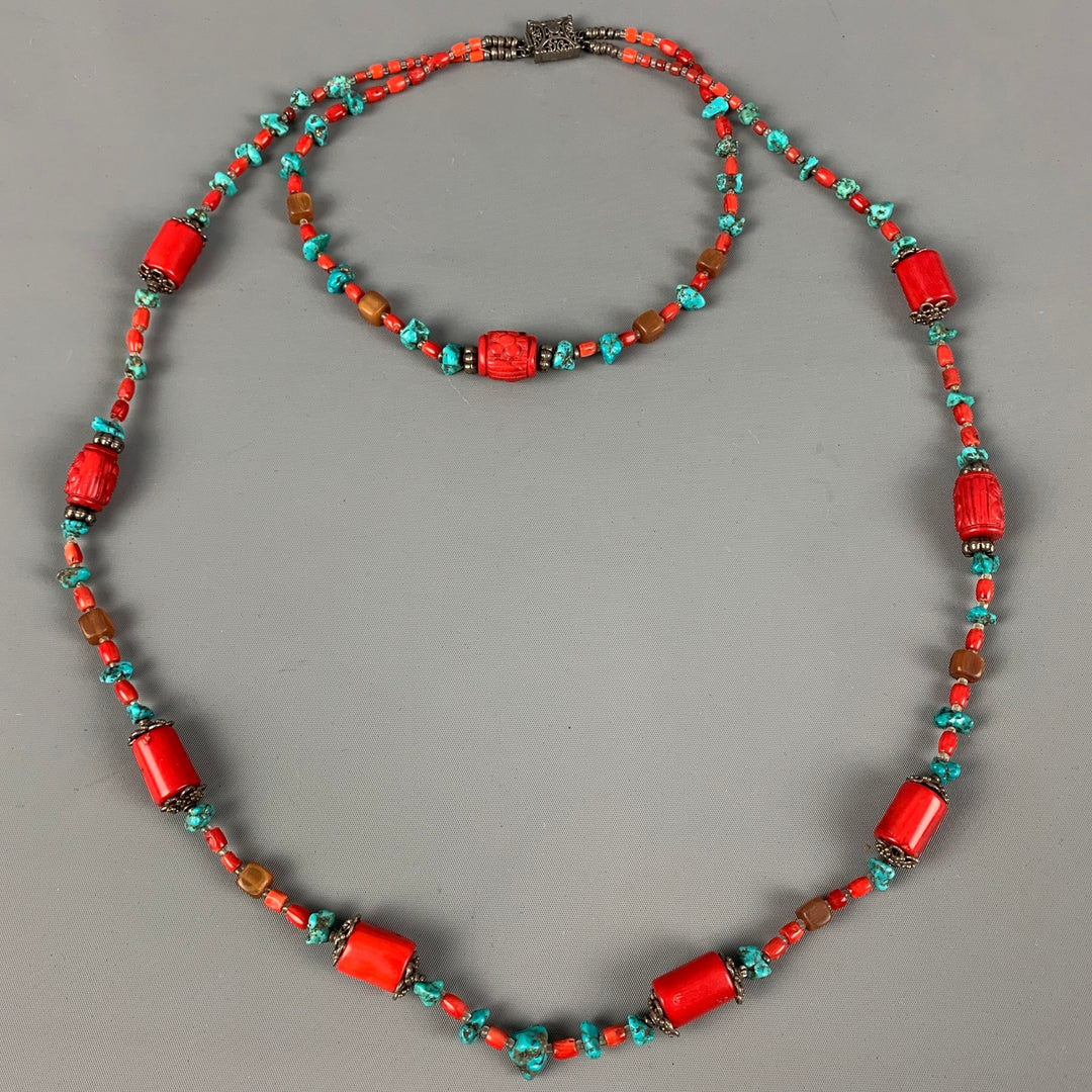 VINTAGE Collar doble de plata de ley color turquesa coral