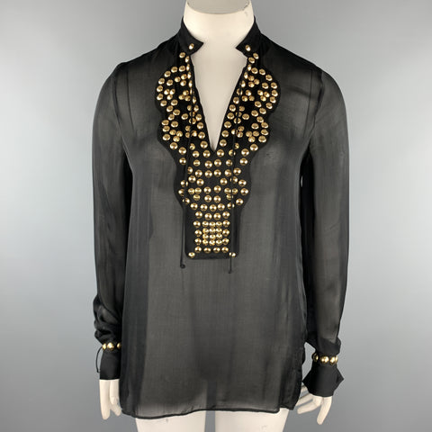 GIVENCHY 10 Blusa Resort 2010 de gasa de seda con tachuelas de oro negro