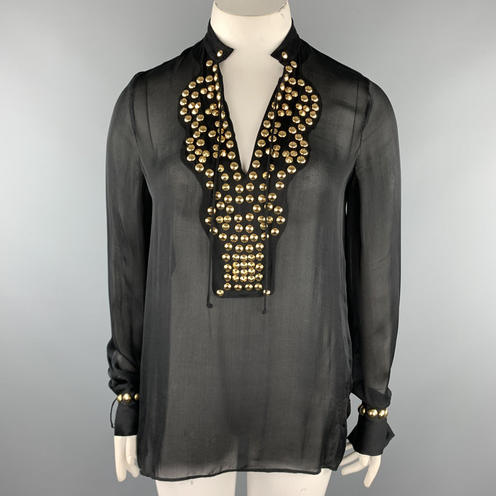 GIVENCHY 10 Black Gold Studded Silk Chiffon Resort 2010 Blouse