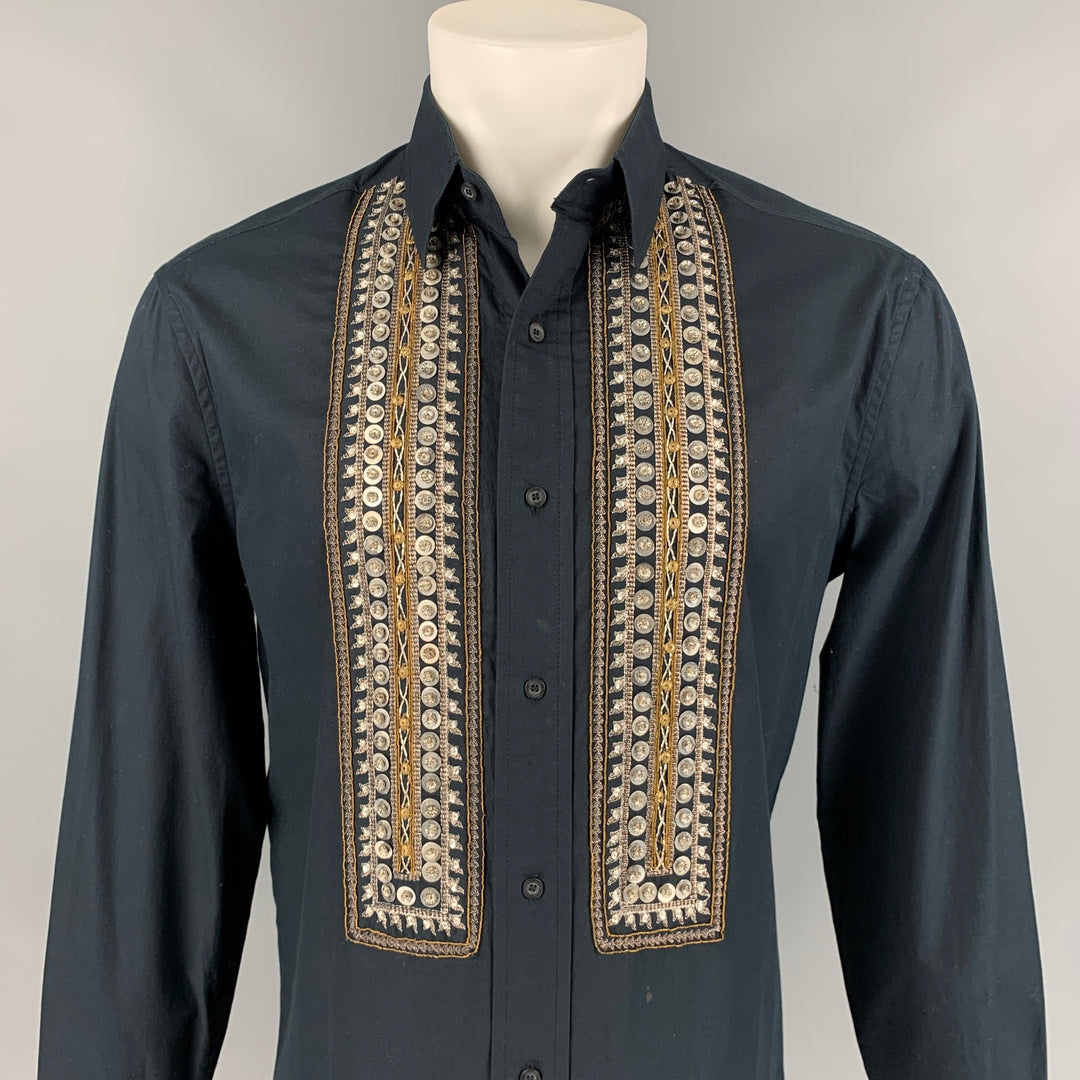 JUST CAVALLI Size 40 Black & Silver Embroidery Cotton Long Sleeve Shirt