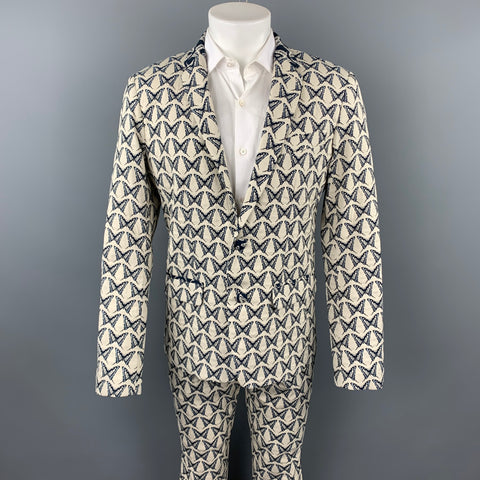 MR TURK Size 40 Beige & Navy Butterfly Print Cotton Blend Notch Lapel Suit